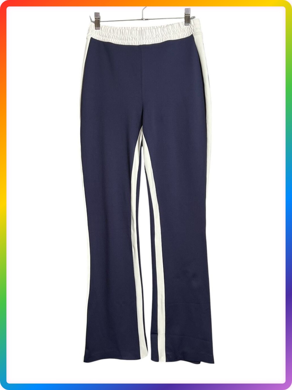Carbon38 Flare Track Pant SIZE S Navy White Stripe Elastic Waist HEMMED FLAW